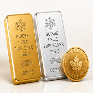 Gold and silver bullion bars with a gold coin