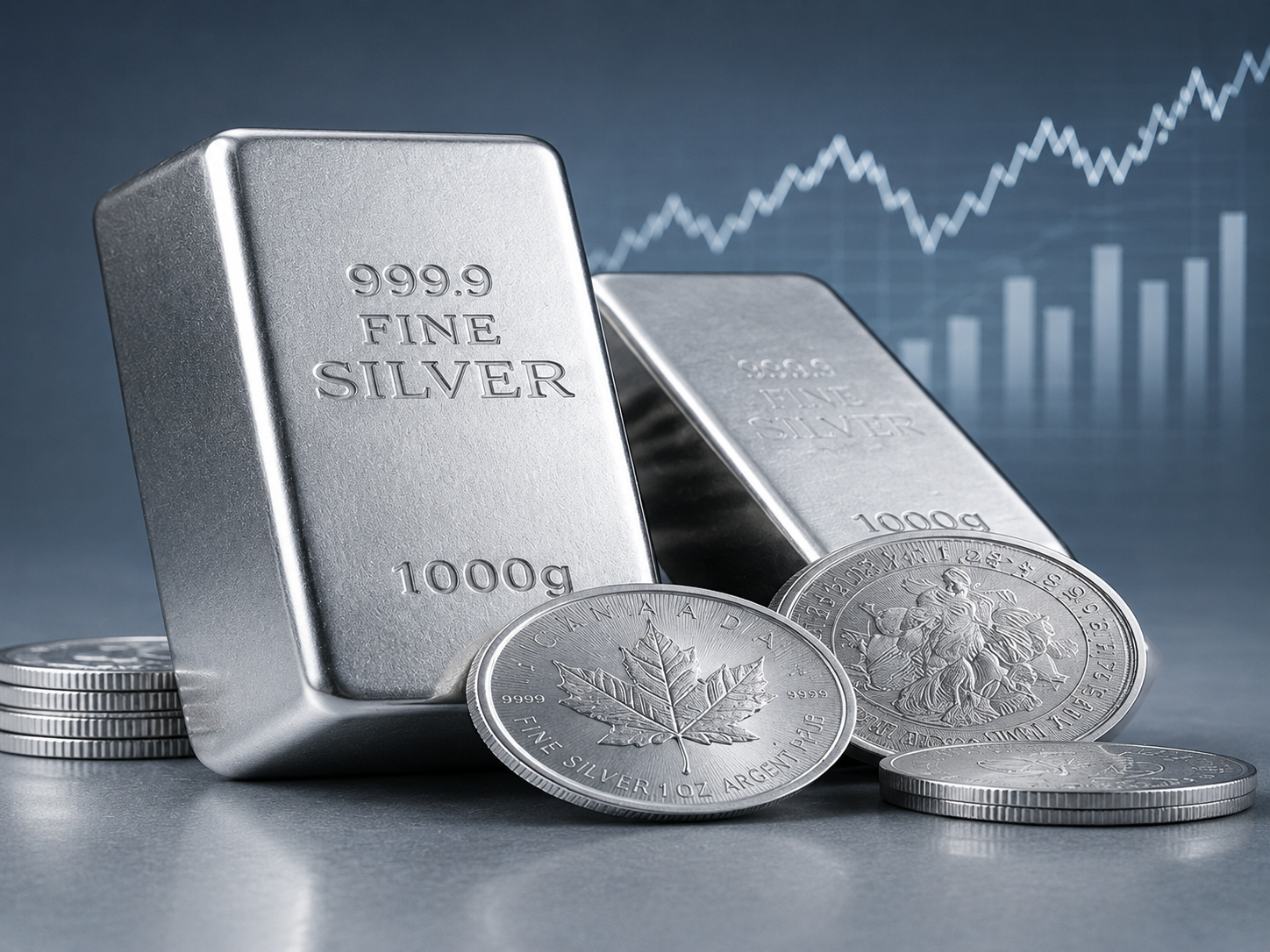 Silver investment and silver bullion bars and coins