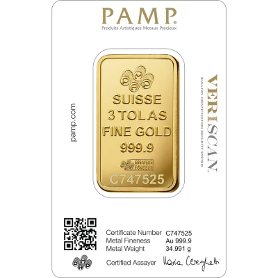 Lady Fortuna™ Gold Minted Bar - 3 Tolas