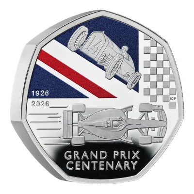100 Years of the Grand Prix in Britain 2026 UK 50p Silver Proof Piedfort Colour Coin