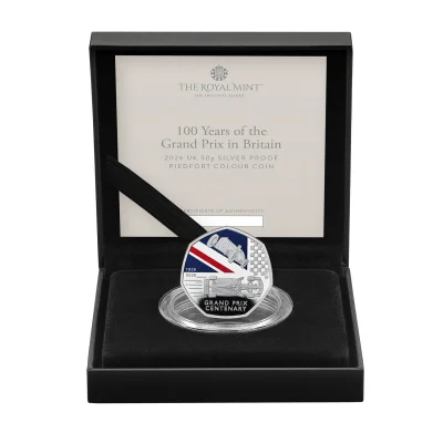 100 Years of the Grand Prix in Britain 2026 UK 50p Silver Proof Piedfort Colour Coin